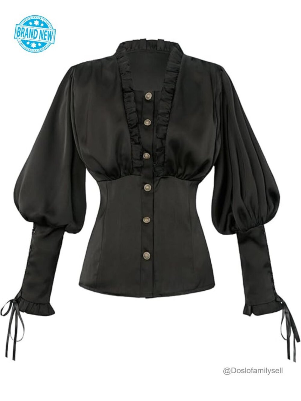 Vintage Ruffle Blouse - Long Sleeve Puff Sleeve Satin Button Down